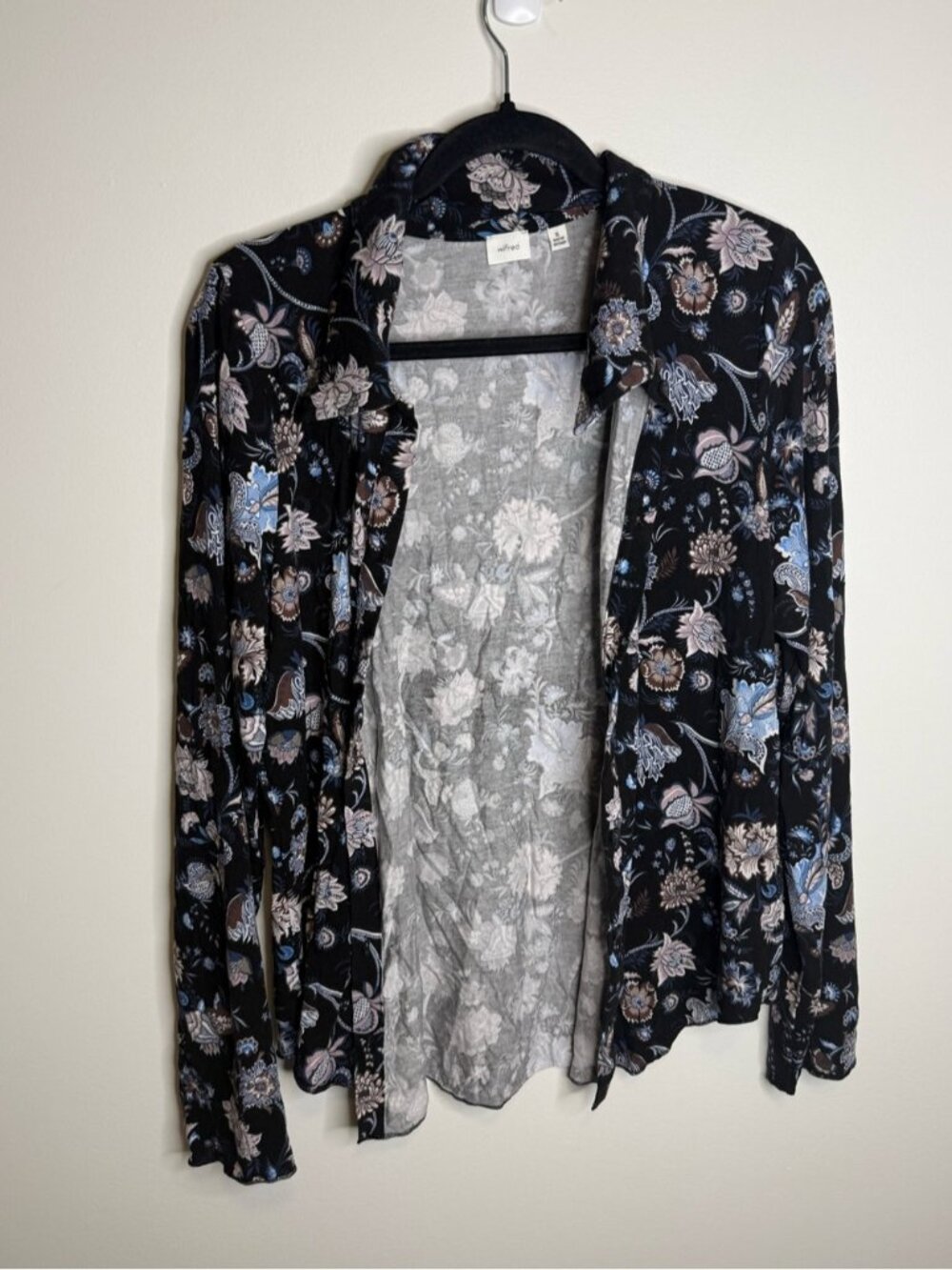 Aritzia Wilfred Pose Blouse Black Blue Floral Long Sleeve Jersey size XL